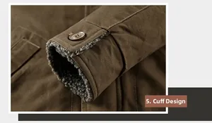 Detail of N1 deck jacket cuffs with thick gray fleece lining and secure button closure