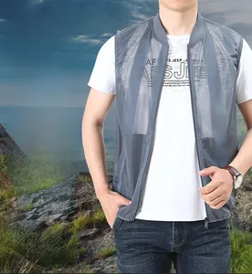 Detail of grey breathable mesh vest featuring a stand collar and zip closure
