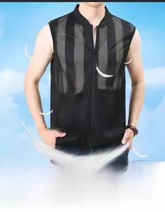 Close-up of ultra-thin black mesh vest fabric featuring 0.1mm thickness and high breathability