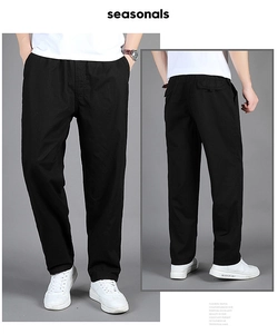 Front and back detail of black casual cotton cargo pants with elastic waist for men