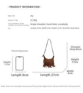 Guide des tailles du sac à franges en PU marron avec dimensions 27x4x17cm et poids 0,19kg