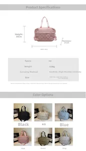 Detailed size specifications for a large capacity quilted travel bag in six colors