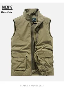 Detail of khaki outdoor tactical vest with stand collar and functional utility pockets
