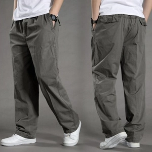 Men's Casual Cotton Cargo Pants Plus Size Loose Fit Elastic Waist Straight Leg Breathable Multi Pocket Work Trousers