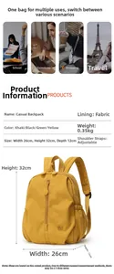 Size specifications of a yellow casual fabric backpack with adjustable straps