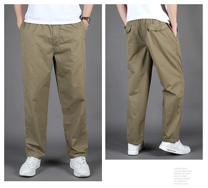 Detail view of khaki cotton cargo pants featuring elastic waist and rear flap pockets