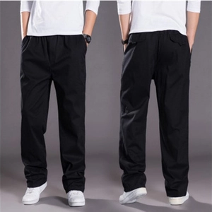 Men's casual black straight-leg trousers with elastic waist, front and back views