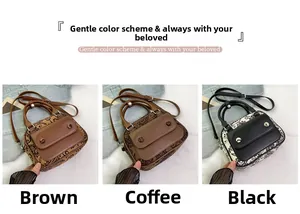 Detail view showing brown, coffee, and black vintage pattern leather crossbody bags