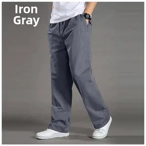 Detail of iron grey men's cotton casual straight pants with elastic waist and side pockets
