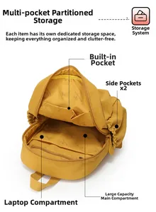 Interior view of yellow travel backpack showing laptop compartment and large storage space