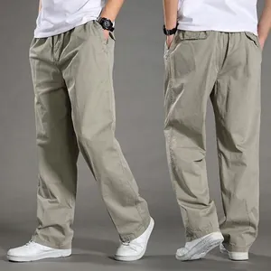 Men's loose fit cotton cargo pants with elastic waist in light khaki casual style