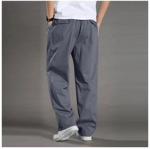 Rear view of men's slate blue straight-cut casual trousers with elastic waistband