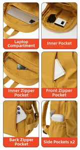 Detail view of yellow nylon backpack featuring internal laptop sleeve and multiple pockets