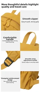 Detail view of yellow backpack showing smooth zipper, handle and reinforced stitching
