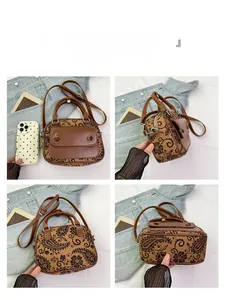 Detailed four-angle view of a vintage floral canvas handbag with dark brown leather trim