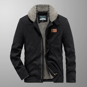 Men's vintage N1 deck jacket with thick grey fleece collar and black canvas shell