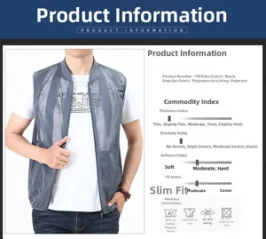 Size chart and material specs for lightweight polyester mesh vest in black and gray