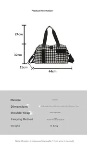 Detailed view of polyester houndstooth travel bag showing dimensions and adjustable strap