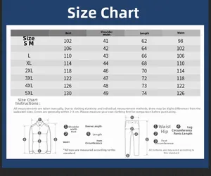Detailed size chart for men's vest from S to 5XL with measurement guides and values