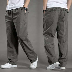 Men Casual Cargo Pants Summer Thin Straight Leg Cotton Trousers Plus Size Elastic Waist Solid Color Breathable Workwear