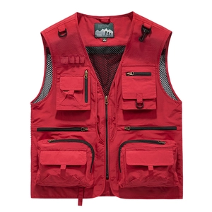Men's red multi-pocket mesh outdoor vest for photography and fishing adventures
