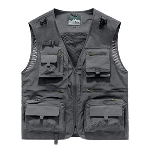 Men's outdoor quick-dry mesh fishing vest with multi-pockets in dark grey color