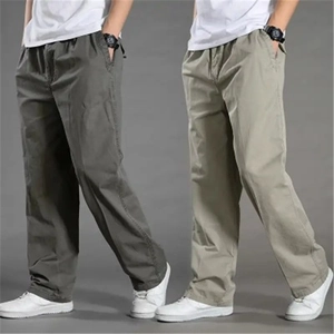 Men's cotton casual straight-leg cargo pants with elastic waist in olive and khaki