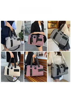 Collage of large houndstooth travel bags in various colors showing crossbody and hand-carry