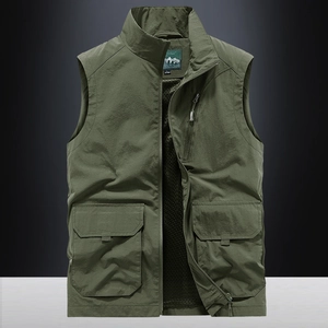Gilet de pêche vert armée pour hommes à séchage rapide avec poches et col montant