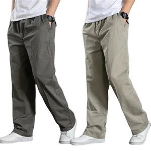 Men's loose straight-leg cotton casual pants with elastic waist in dark grey and khaki