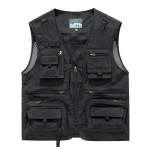 Classic black outdoor fishing vest with multi-pocket mesh design and durable nylon fabric
