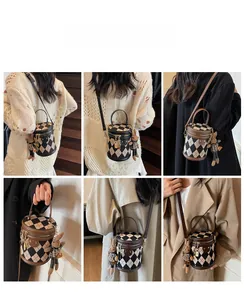 Collage of model carrying a beige argyle bucket bag with cute bunny plush pendant