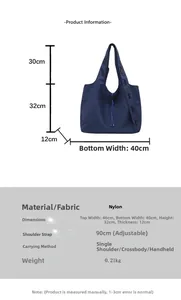 Detail specifications of navy nylon tote bag showing dimensions and ultralight 0.21kg weight