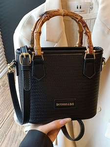 Women Vintage Bamboo Handle Woven Bucket Bag PU Leather Crossbody Bag Small Straw Style Summer Beach Shoulder Handbag