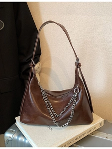 Deep brown leather hobo bag with stylish double silver metal chains for women's daily commute