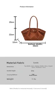 Quilted suede tote bag dimension guide with handle height and body size specifications