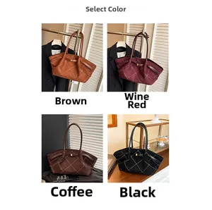 Quilted suede tote bags in brown, burgundy, coffee, and black with metallic buckles