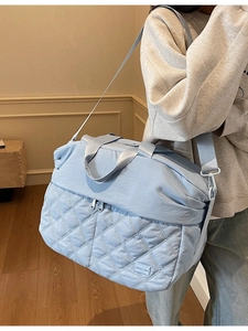 Stylish light blue quilted large travel bag for women with shoulder strap for sports yoga