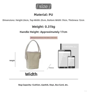 Size comparison of beige woven bucket bag with PU handles relative to A4 paper and iPad