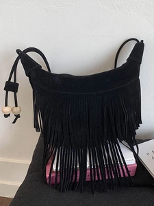 Borsa a Tracolla Bohemien con Nappe per Donna Borsa a Spalla con Frange in Pelle PU Opaca Retrò con Perle in Legno Borsa Hobo Boho