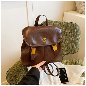 Detail of dark brown vintage backpack with gold twist-lock and retro buckles on green seat