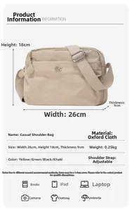 Detailed dimension guide for the khaki nylon crossbody bag showing 26x18x9cm size and capacity