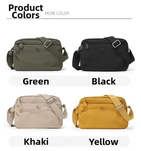Detailed view of four nylon crossbody bags in green, black, khaki, and yellow colors