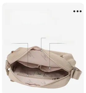 Macro detail of nylon crossbody bag featuring multi-layer storage and inner zip pockets