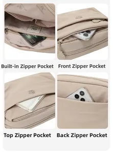 Detail showing multi-pocket storage layout with internal and external zippers on nylon bag
