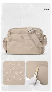 Detail showing the water-resistant nylon fabric and durable zippers on the crossbody bag