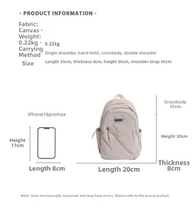 Detail view of canvas backpack dimensions and weight with iPhone size comparison