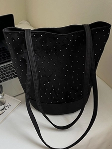 Women Large Capacity Canvas PU Tote Bag Butterfly Polka Dot Print Rivet Shoulder Bucket Bag Fashion Travel Daily Work Handbag