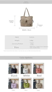 Technical drawing and detailed parameters of the large capacity nylon tote bag with colors