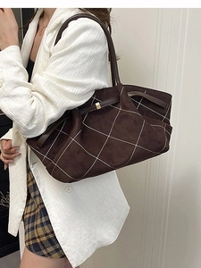 Brown suede tote bag with white diamond stitching and large capacity for daily commuting